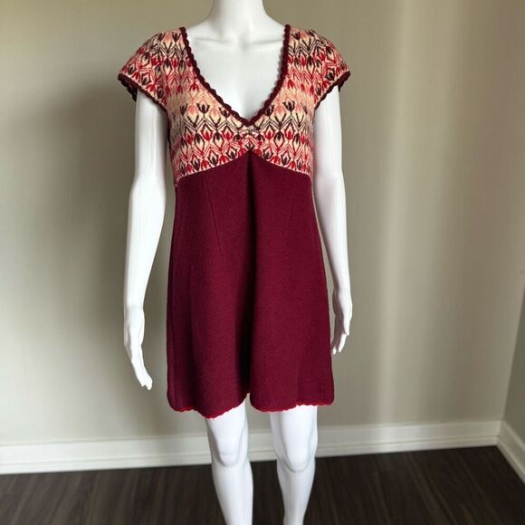 Free People Burgundy Nordic Fair Isle Wool Blend  Sweater Dress Size L - Picture 1 of 7